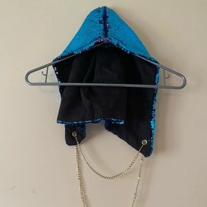 Blue and purple sequin hood with gold chain